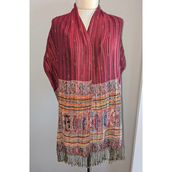 Womens Boho Mixed Pattern Paisley Fringe Shawl Wrap Scarf Red Gold Green 72 X 20 - Picture 1 of 4